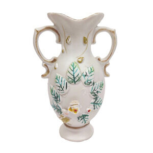 Vintage Bisque Porcelain Handled Raised Flower Vase 7" Hand Painted Gold Trim
